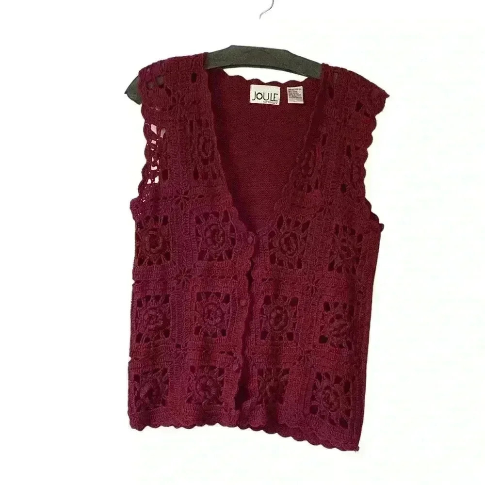 Joule Energy Maroon/ Red Crochet Lace Grannycore Vest Sweater Size O/S